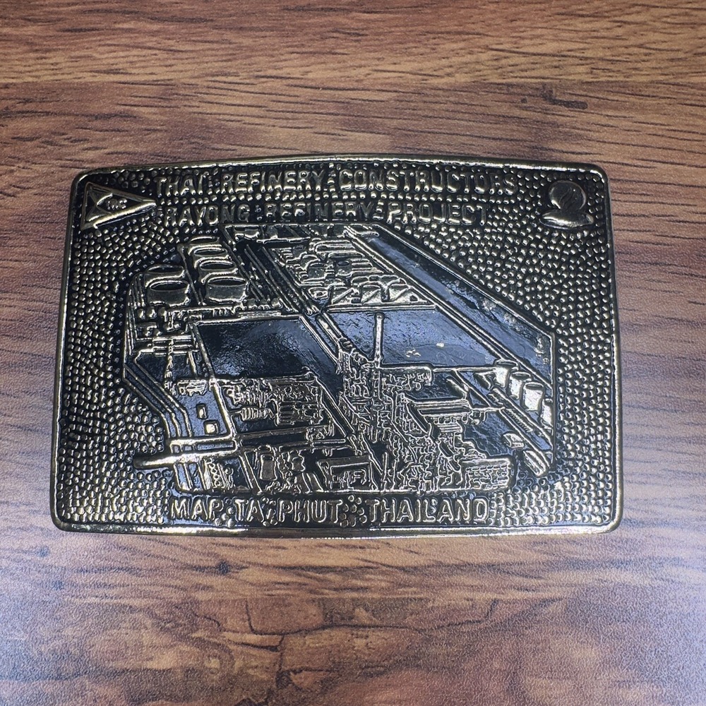 Vintage Brass Belt Buckle Thai‎ Refinery Construction Map Ta Phut Thailand